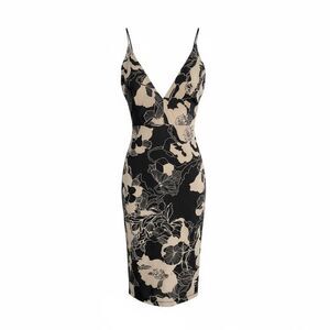 Floral Sleeveless Midi Bodycon Dress Black Tan Size Large